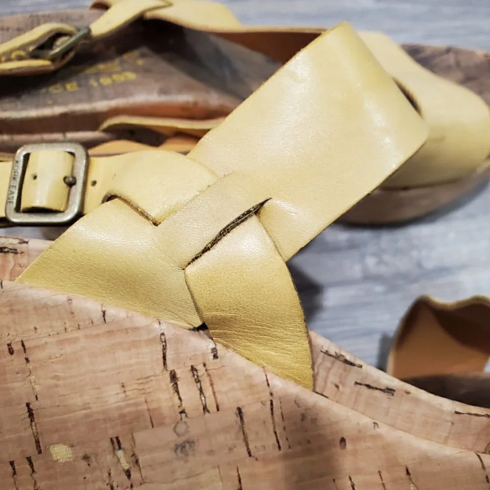 Kork-Ease Women's Beige Yellow Leather Platform Wedge Sandals Double Strap 8M